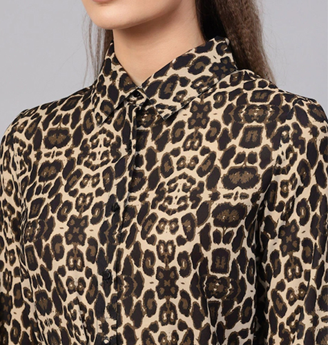 Black & Beige Animal Print Mini Shirt Dress